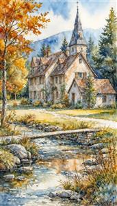 منظره آبرنگی کلبه اروپایی و رودخانه زلال با تم پاییزی برای چاپ روی بوم نقاشی، کوسن و پرده اتاق خواب