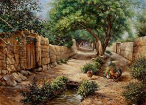 تصویر نقاشی از کوچه سنگی و طبیعت سرسبز روستایی مناسب برای قاب دکوراتیو، کلاسور و دفترچه فانتزی