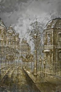 نقاشی مدرن خیابان اروپایی، هتل و کالسکه با تم رنگی طلایی و خاکستری ویژه پوستر دیواری لابی هتل و دفتر کار