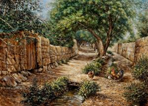 منظره کوچه باغ سنتی ایرانی با دیوار کاهگلی و مرغ و خروس برای چاپ روی فرش، موکت و پوستر دیواری سنتی