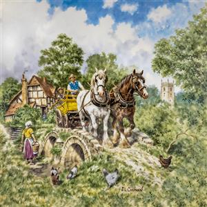 تصویر نوستالژیک کالسکه اسب و پل سنگی قدیمی در روستا مناسب برای پوستر دیواری کافه رستوران و فضاهای سنتی