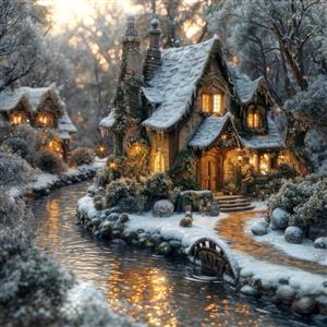 منظره زمستانی کلبه‌های برفی در شب برای چاپ پوستر دیواری اتاق خواب و محیط‌های دنج