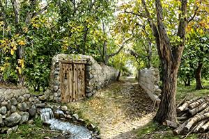 تصویر باکیفیت کوچه باغ ایرانی و درب چوبی قدیمی برای پوستر دیواری ورودی آپارتمان و سالن