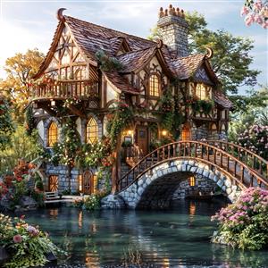 کلبه فانتزی و پل سنگی روی دریاچه گلستان مناسب چاپ کاغذ دیواری اتاق دخترانه و مهدکودک