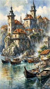 نقاشی آبرنگ قلعه قدیمی کنار ساحل و قایق‌های چوبی برای پوستر دیواری عمودی و دکوراسیون کلاسیک