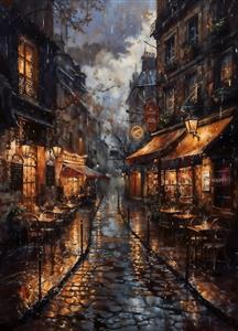 منظره کافه‌های پاریس در شب بارانی برای چاپ پوستر دیواری سه بعدی و تابلو دکوراتیو لوکس