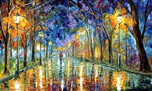 طرح نقاشی رنگ روغن خیابان بارانی و چراغ‌های شهر ایده آل برای پوستر دیواری مدرن کافه و رستوران