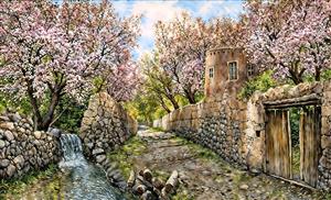 کوچه باغ سنتی ایرانی با درختان شکوفه گیلاس و جوی آب ویژه چاپ پوستر دیواری و کاغذ دیواری سنتی