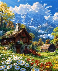 پوستر دیواری منظره کوهستان آلپ و دشت گل‌های بابونه مناسب دکوراسیون اتاق کودک و مهدکودک