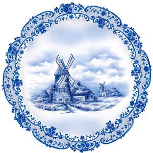 طرح بشقاب تزئینی با نقوش سنتی آبی و آسیاب بادی هلندی مناسب چاپ روی بشقاب و کوسن