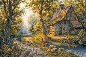 طرح هنری خانه روستایی قدیمی کنار برکه‌ آب ویژه چاپ کاغذ دیواری و تابلو دکوراتیو اتاق نشیمن