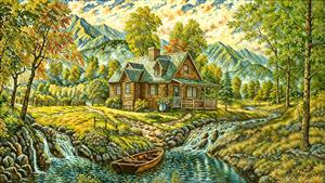 نقاشی منظره کلبه جنگلی و رودخانه خروشان برای چاپ پوستر دیواری سه بعدی پذیرایی و لابی فضاها