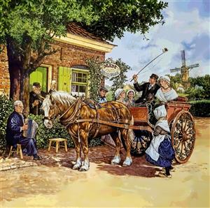 نقاشی کلاسیک کالسکه و اسب مقابل عمارت آجری برای پوستر دیواری فضاهای اداری و تابلوهای دکوراتیو لوکس