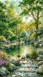 منظره عمودی رودخانه زلال در میان جنگل انبوه ایده آل برای پوستر دیواری راهرو و ستون و تابلوهای دکوراتیو مدرن