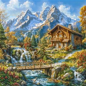 کلبه درختی کنار آبشار و پل چوبی در دل طبیعت بکر برای چاپ پوستر دیواری عریض و دیوارپوش مراکز تفریحی