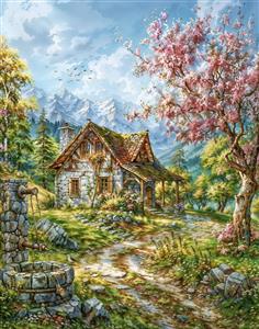 تصویر شکوفه‌های بهاری و کلبه سنگی در دامنه کوه مناسب پوستر دیواری اتاق کودک و نوت‌بوک‌های فانتزی