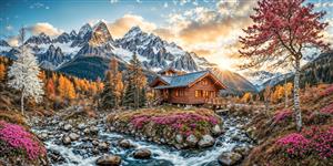 منظره برفی کوه‌های آلپ و کلبه چوبی در طلوع خورشید ویژه پوستر دیواری سه بعدی و دکوراسیون داخلی کافی‌شاپ