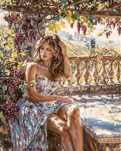 پرتره هنری زن در میان تاکستان انگور و تراس کلاسیک مناسب برای تابلو دکوراتیو مزون، آرایشگاه و اتاق خواب