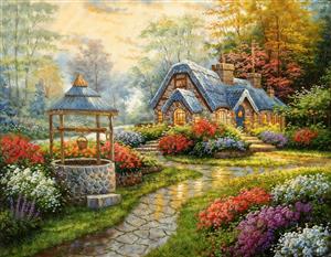 طرح چاه آب قدیمی در باغ رویایی با کلبه سنگی ویژه چاپ پوستر دیواری سه بعدی، رومیزی و پرده های تزیینی