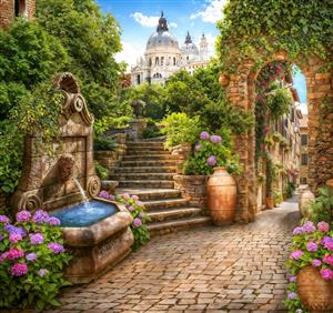 منظره عمارت مجلل ایتالیایی و گلدان های گل با نمای پله سنگی برای پوستر دیواری سه بعدی و ورودی لابی