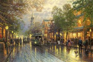 طرح نوستالژیک تراموا و خیابان قدیمی با سبک نقاشی رنگ روغن مناسب پوستر دیواری هتل و کافی شاپ و تابلوهای دکوراتیو