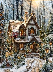 کلبه چوبی برفی در جنگل زمستانی با نورپردازی گرم ایده آل برای پوستر دیواری اتاق خواب و کاغذ دیواری سه بعدی