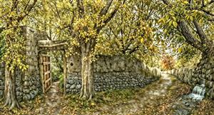 منظره پاییزی کوچه باغ قدیمی با دیوارهای سنگی و درختان زرد مناسب پوستر دیواری پذیرایی و تابلو دکوراتیو لوکس