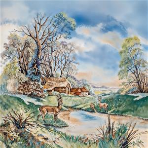 نقاشی آبرنگی آهو در دشت و کلبه روستایی در زمستان ملایم مناسب اتاق خواب و کتابخانه جهت چاپ پوستر، جلد دفتر و تابلوی هنری