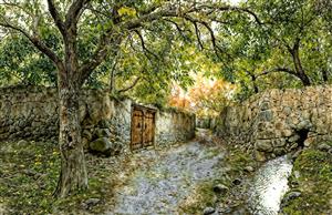 منظره تابستانی کوچه باغ سبز با درختان گردو و در چوبی قدیمی مناسب رستوران‌های سنتی و منزل جهت چاپ پوستر دیواری و پرده پانچی