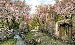 کوچه باغ رویایی با شکوفه های صورتی بهاری و دیوار سنگی سنتی مناسب برای پشت تختخواب و لابی جهت چاپ کاغذ دیواری و تابلو فرش دکوراتیو