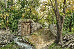 منظره پاییزی کوچه باغ با دیوار سنگی و در چوبی قدیمی مناسب دکوراسیون کلاسیک و سنتی پذیرایی جهت چاپ کاغذ دیواری و تابلو دکوراتیو