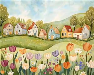 تصویر فانتزی خانه های روستایی رنگارنگ در دشت گل مناسب برای اتاق کودک و مهدکودک جهت چاپ پوستر دیواری، روتختی و پرده تصویری