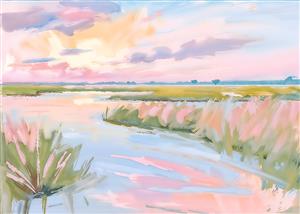 نقاشی انتزاعی از منظره نیزار و رودخانه با رنگ‌های پاستلی ملایم مناسب برای اتاق خواب عروس و سالن‌های زیبایی جهت چاپ روتختی، پرده و پوستر دیواری