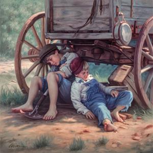 طرح نقاشی کلاسیک دو کودک در حال استراحت کنار گاری چوبی قدیمی مناسب دکوراسیون روستیک، کافه و اتاق خواب جهت چاپ بوم، کوسن و پرده تصویری