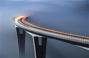 پوستر سه بعدی مدرن طرح اتوبان و پل در مه با افکت سرعت و نور مناسب برای دفتر کار، شرکت‌های حمل و نقل و لابی هتل جهت چاپ تابلو دکوراتیو و دیوارپوش