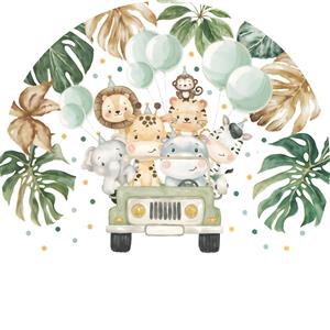 پوستر دیواری کودک طرح حیوانات جنگل سوار بر ماشین آفرود فانتزی مناسب اتاق نوزاد و مهدکودک جهت چاپ کاغذ دیواری و روتختی کودک