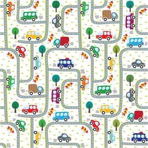 الگوی تکرار شونده جاده و ماشین‌های کارتونی برای چاپ روتختی، فرش اتاق کودک و پرده فانتزی
