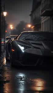 پوستر دیواری ماشین سوپر اسپرت مشکی در خیابان بارانی و مه آلود برای دکوراسیون کافه و اتاق جوانان