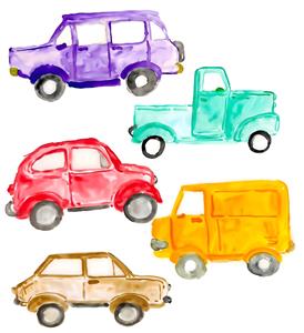 نقاشی آبرنگی ماشین‌های رنگارنگ کلاسیک طرحی شاد برای پارچه روتختی، پرده و دفترچه یادداشت کودکان
