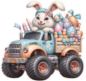 تصویر فانتزی خرگوش با کامیون تخم‌مرغ‌های رنگی عید برای کاغذ دیواری اتاق نوزاد و مهدکودک