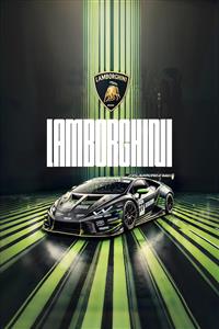 طرح گرافیکی برند لامبورگینی با ماشین مسابقه‌ای در پس‌زمینه نئونی ویژه دیزاین اتاق گیمینگ و باشگاه ورزشی
