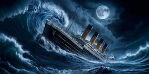 پوستر سه بعدی کشتی تایتانیک در میان امواج سهمگین اقیانوس و نور ماه برای اتاق کار و فضای پذیرایی