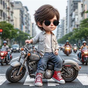 کاراکتر سه بعدی پسر موتورسوار با عینک آفتابی در خیابان شهر ویژه پوستر دیواری فانتزی و اتاق خواب کودکان