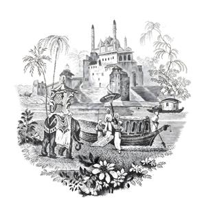 نقاشی خطی فیل سلطنتی و قصر شرقی با سبک وینتیج مناسب چاپ روی ماگ، تیشرت و کوسن دکوراتیو