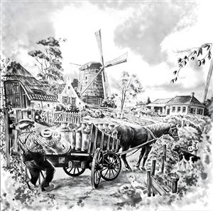 طرح سیاه و سفید مزرعه قدیمی با آسیاب بادی و اسب برای چاپ پرده تصویری، روتختی و کاغذ دیواری آشپزخانه