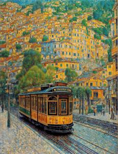 تابلوی دکوراتیور نقاشی محله قدیمی اروپایی و تراموا زرد رنگ ویژه نصب در کافه، رستوران و اتاق نشیمن