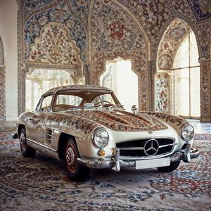 پوستر دیواری سه بعدی خودروی لوکس مرسدس بنز سفید در دکوراسیون داخلی نمایشگاه و اتاق نشیمن