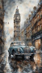 نقاشی آبرنگ خودرو کلاسیک در خیابان‌های لندن و برج بیگ‌بن مناسب برای تابلو دکوراتیو و کافه