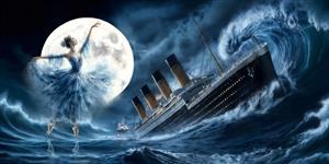 پوستر دیواری فانتزی کشتی تایتانیک و رقصنده باله در ماه برای تالارهای هنری و سالن‌های رقص