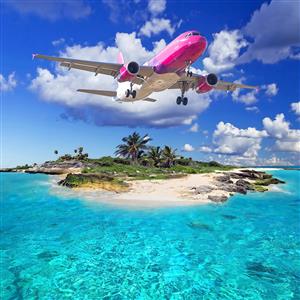 منظره ساحل استوایی با هواپیمای مسافربری صورتی مناسب پوستر دیواری آژانس هواپیمایی و اتاق خواب